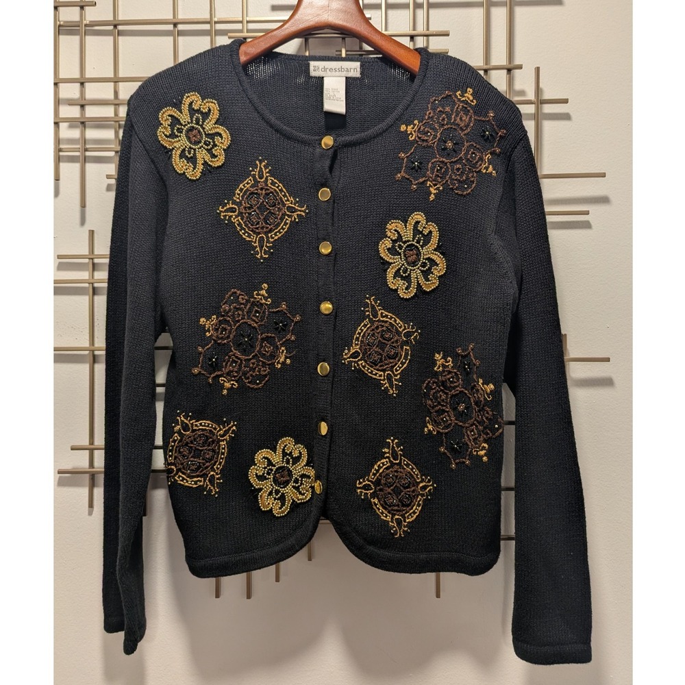 VTG 90's Embellished Cardigan Sweater Black Gold Beaded Button Front Women's L